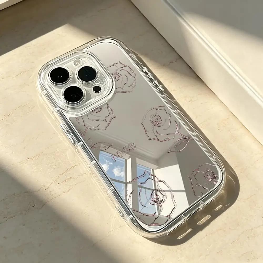 Fashion Pink Line Rose Mirror surface phone case for iPhone 17、16、15、14、13、12、11pm Pro Plus With a mirror surface Dropresistant