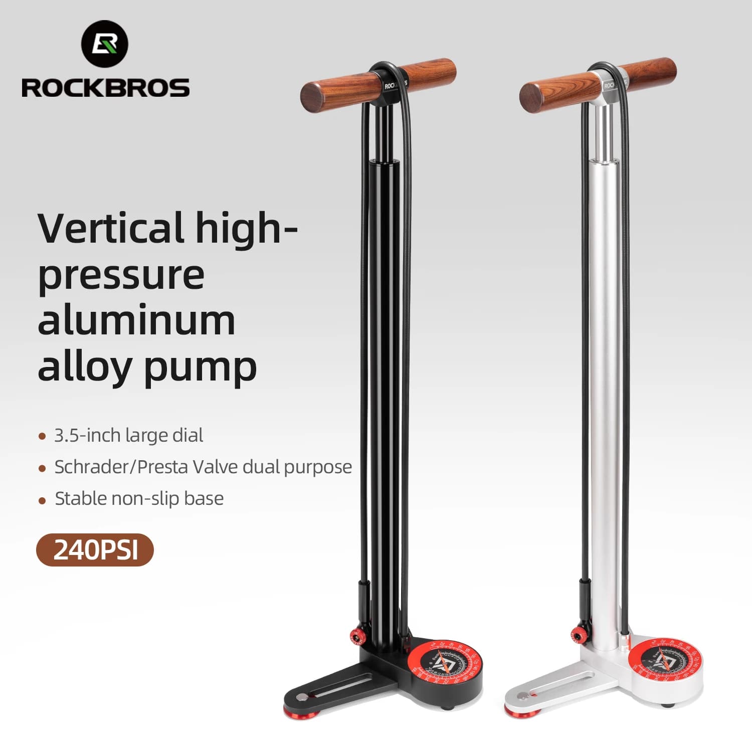 ROCKBROS Pompa da bicicletta Pompa da bici in acciaio inossidabile Pompa ad alta pressione con quadrante grande da 3,5 pollici Pompa di pressurizzazione interna da 240 psi