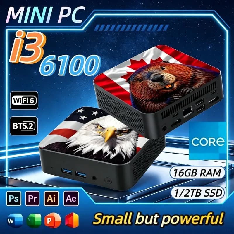 New 2026 USA Canada Flag Compact Mini PC with Core i3-6100, 16GB DDR4, 2TB SSD, 4K UHD, WiFi6, BT5.2, for Study Purpose.