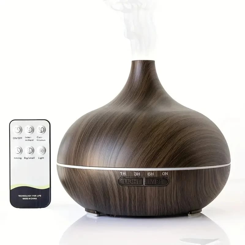 Diffusore di olio essenziale ad ultrasuoni da 550ml con venature del legno con umidificatore d'aria con telecomando 7 colori LED Light 6 oli precaricati
