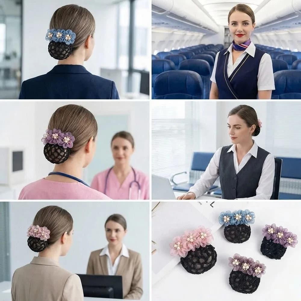 Rete per capelli con perle finte e fiore delicato, ornamento a doppio uso, fermagli a molla in tessuto, rete colorata per chignon, snood da lavoro