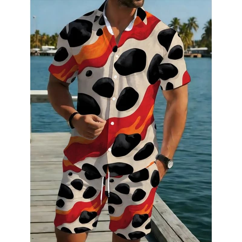 Summer Men's Polyester Short Sleeve Shirt & Shorts Set Cow Print Red Black White Lightweight Breathable Beach Casual Outfit