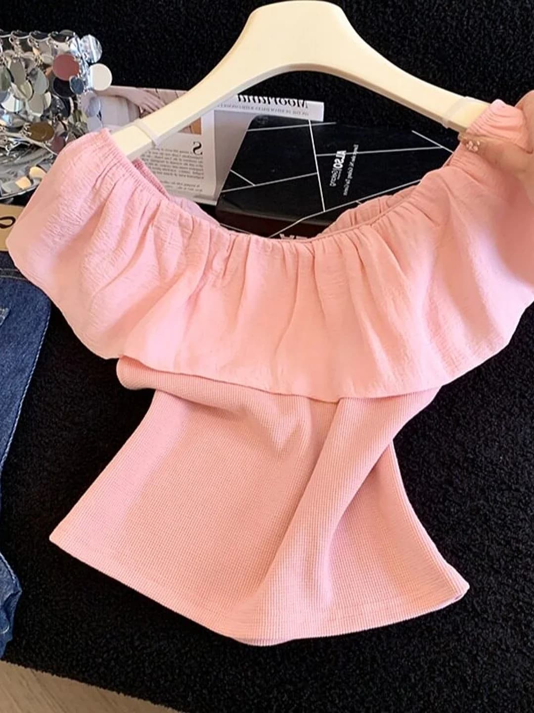Chic Sweet Style Off-Shoulder Ruffle Sleeveless Slimming Top Women's Summer Dopaamine Fashion Young-looking Blouse