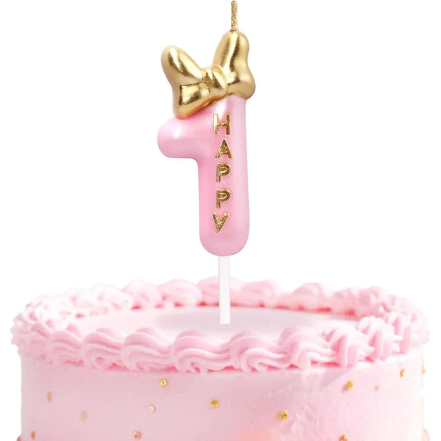 Candele con numero di compleanno Candele di compleanno con fiocco rosa e dorato per torta Glitter Numero 1 Decorazione per topper per torta con candela per Bo