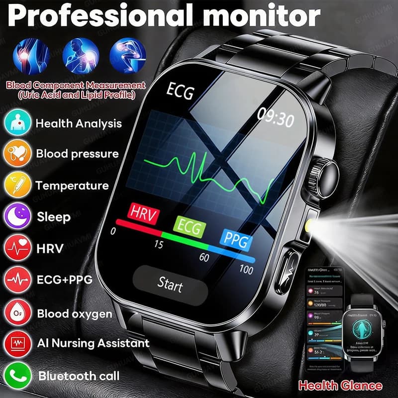 Nuovo Smartwatch 2026 con ECG+PPG, Misurazione Accurata di Pressione Sanguigna, Lipidi, Acido Urico, Chiamate BT, Analisi Salute per Uomini e Donne