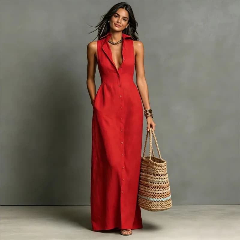 Abito Chemisier Scollo a V da Donna, Nuovo Vestito Lungo Slim Monopetto Senza Maniche, Abiti Estivi Casual da Festa Femminili Vestidos