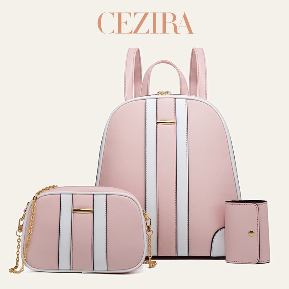 CR Fashion Stripes Patchwork Backpack Set Women PU Vegan Leather Shoulder Knapsack Crossbody Purse With Cardholder Daily School