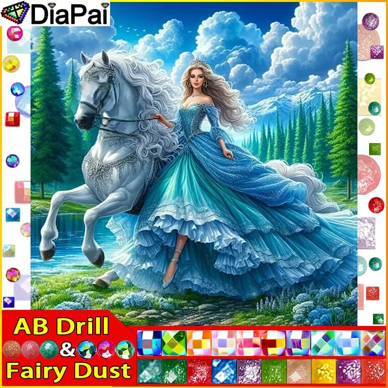 DIAPAI Fairy Dust AB 5D Diamond Embroidery Needlework Kit "Woman Horse Tree" Diy Diamond Painting Cross Stitch Home Decoration