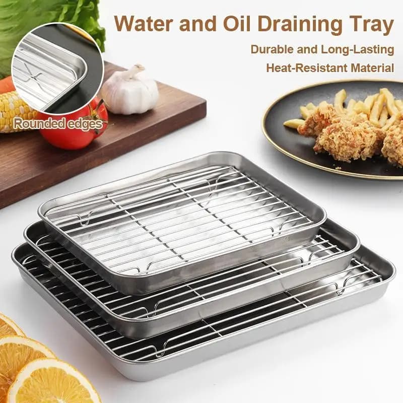 Stainless Steel Baking Tray With Removable Cooling Rack Set Non-stick BBQ Pan Tray Plate Oven Rack Cooking Roasting Dish