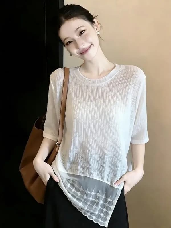Lace Embroidered Short Sleeve T-Shirt Women plus Size Summer New Style Korean Style Casual Loose Fit round Neck Top