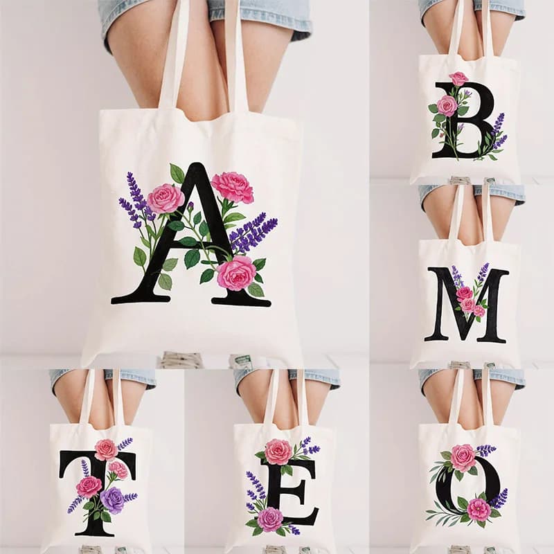 Borse tote con lettere e fiori Borse per la spesa Borse per la spesa riutilizzabili, Borse per la spesa in tela per la scuola, l'ufficio, le feste, lo shopping