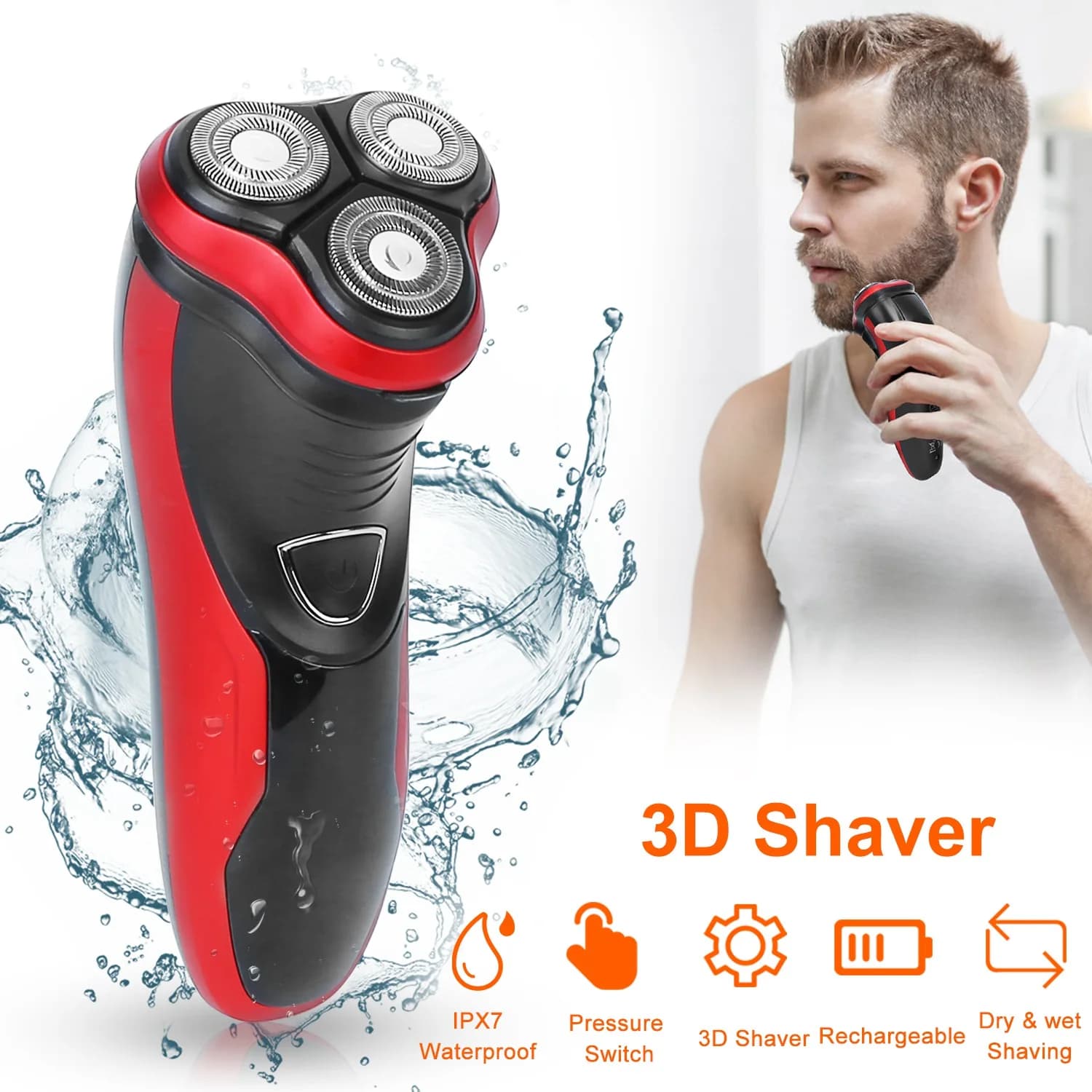 Rasoio elettrico da uomo 2 in 1, impermeabile IPX7, ricaricabile 3D, rasoio rotante indolore, regolabarba