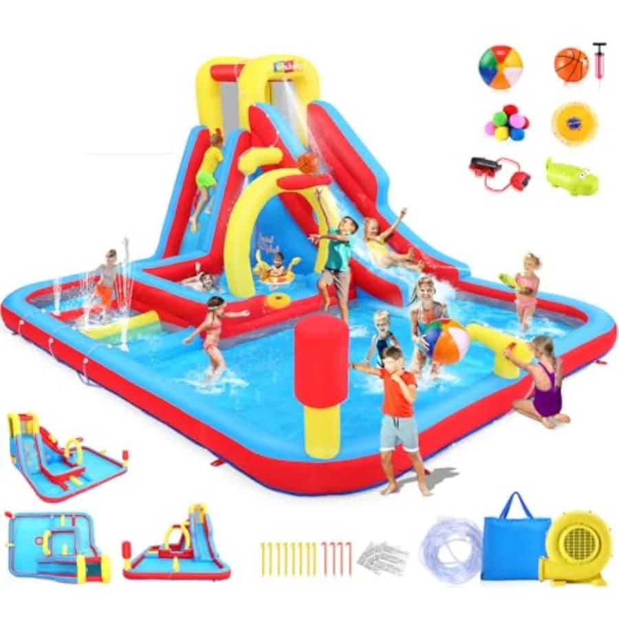 Scivolo acquatico gonfiabile gigante 13x10FT con percorso a ostacoli, scivolo lungo, piscina profonda, parete da arrampicata, gioco di boxe e canestro da basket