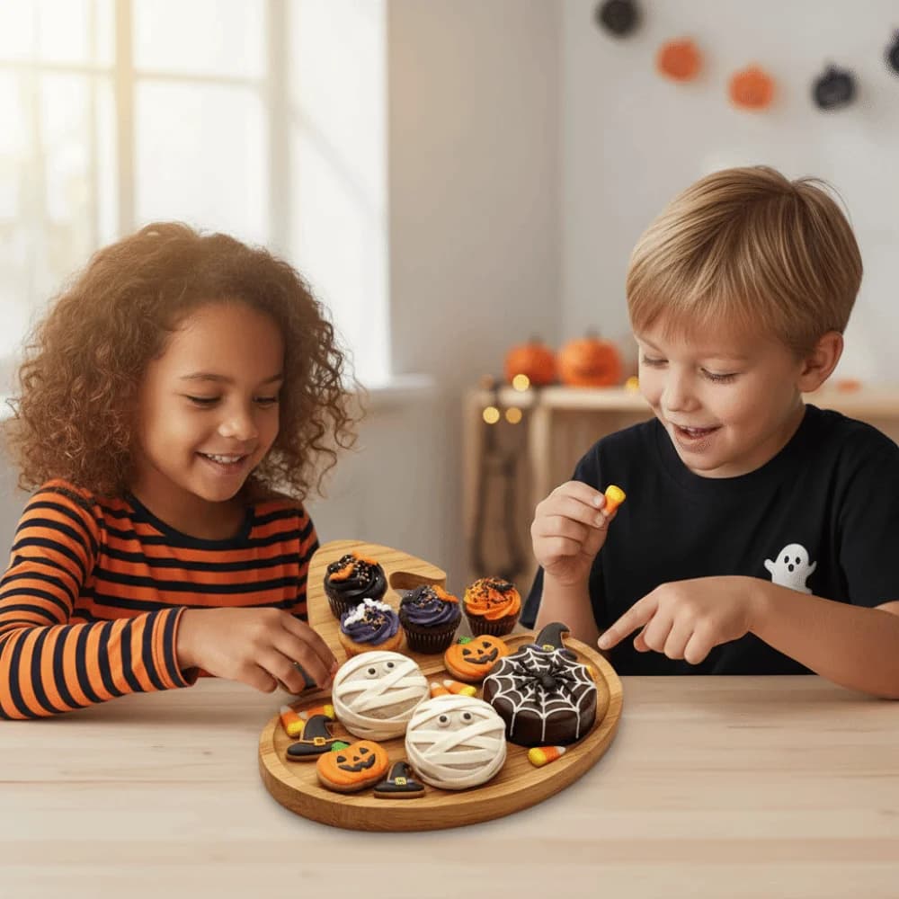 1pair Solid Wood Pumpkin Cutting Board Pumpkin Shaped Natural Color Ghost Serving Tray Thick Design Eco-Friendly