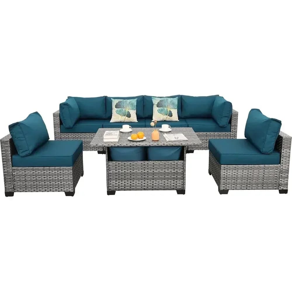 7-Piece Outdoor Wicker Patio Furniture Set with Sectional Sofa, Storage Table, Cushions, and Cover in Peacock Blue