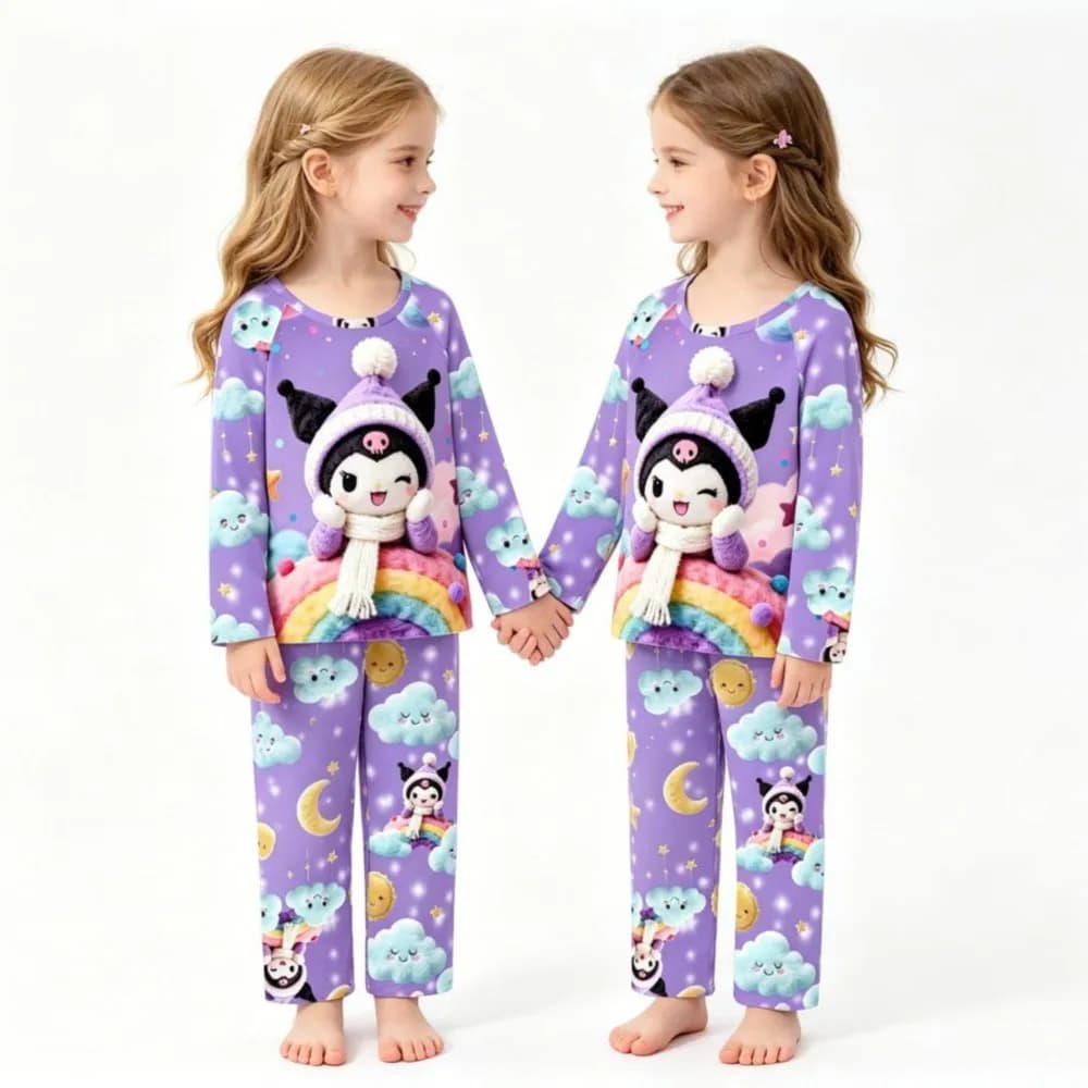 Pigiama per Bambine Rainbow Kuromi, Set a Maniche Lunghe, Morbido Abbigliamento da Notte per Bambini, Adorabile Loungewear per Bambine