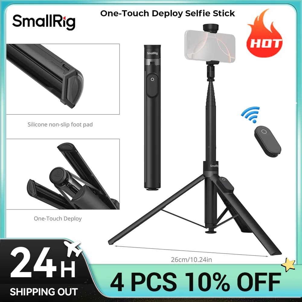 SmallRig ST30 Asta Selfie/Treppiede Pieghevole One-Touch, Nero e Bianco, Selezionabile da 33 a 168 cm, con Telecomando e Supporto Regolabile