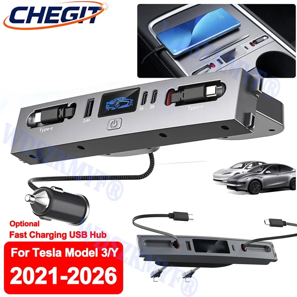 Per Tesla Model 3 Model Y 2021-2026, Hub USB 45W/27W 5 in 1, Stazione di Ricarica Intelligente, Adattatore per Auto con Ricarica Rapida