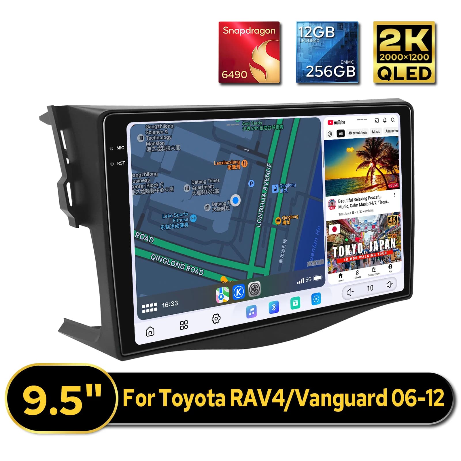 Plug & Play 2K QLED Android Autoradio Stereo per Toyota RAV4/Vanguard 2006-2012 12GB + 256GB CarPlay Android Auto 360 ° Ingressi della fotocamera