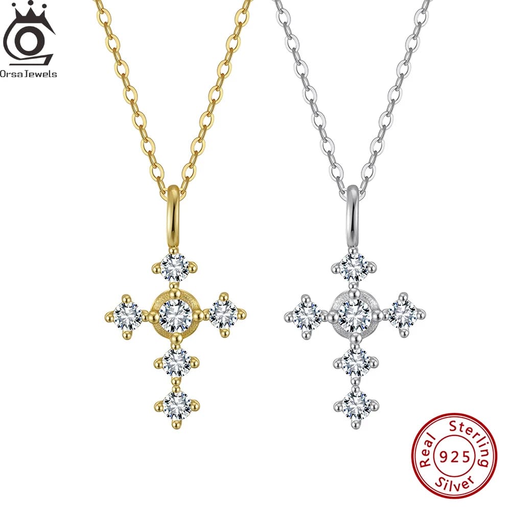 ORSA JEWELS S925 Silver Exquisite Cross Zircon Chain Pendant Necklace Fashion Cross Rotating Wedding Collarbone Chain SAPN51