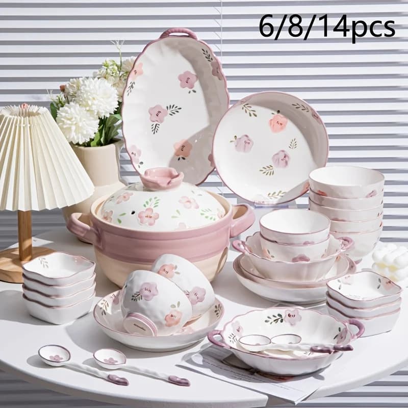Set di stoviglie in ceramica da 6/8/14 pezzi, combinazione di ciotole e piatti in ceramica smaltata lucida per uso domestico - Set di utensili in pietra, set di ciotole