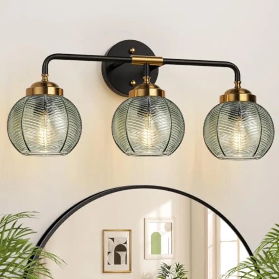 Lampade da Bagno con Paralume a Texture Foglia Unica, Applique da Parete Moderne in Nero Opaco e Oro per Specchio