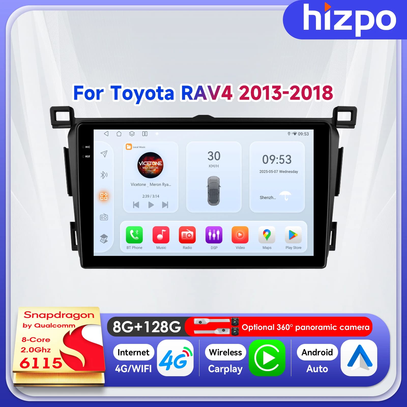 Hizpo 9" Dispositivi Elettronici per Toyota RAV4 Rav 4 2013 - 2018, Radio Multimediale Intelligente per Auto con Navigazione 6115, CarPlay Wireless e GPS