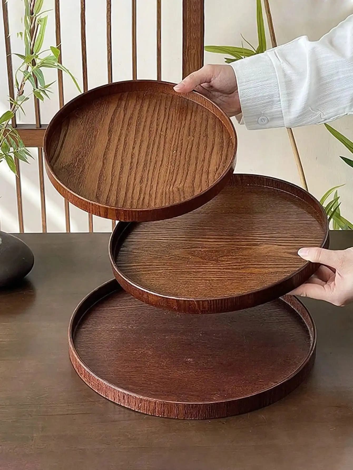 1pc/3pcs Natural Wooden Serving Tray, Round Platter For Snack, Cake, Bread, Multi-Use Breakfast Coffee Tea Tray, Charcuterie Platter For Kitchen Dining Table, Restaurant Serving & Table Decor Organizer Plate sh25043075663067265