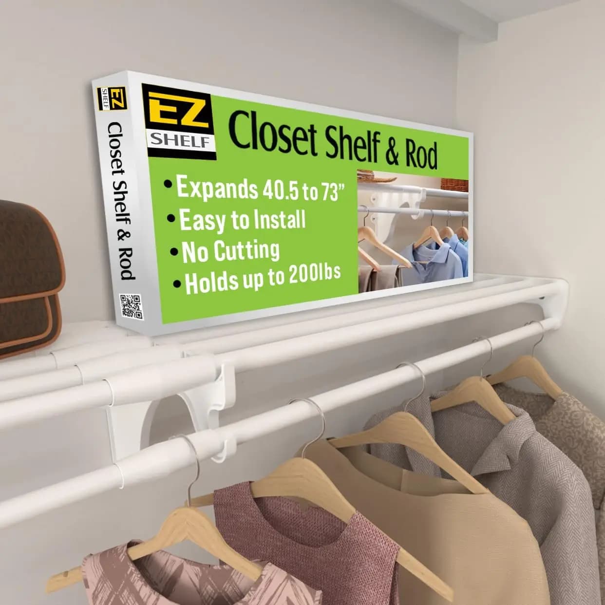 Wardrobe shelf with hanging rod, expands 40,5-73", white, closet shelves contains 200 pounds, easy to install cabinet organizer