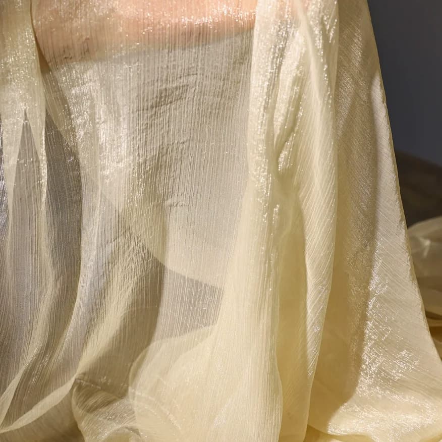 Micro Shiny Chiffon Mesh Fabric Semi-Transparent Soft Gauze Wedding Dress Shirts Clothing DIY Glitter Wrinkled Sheer Fabric