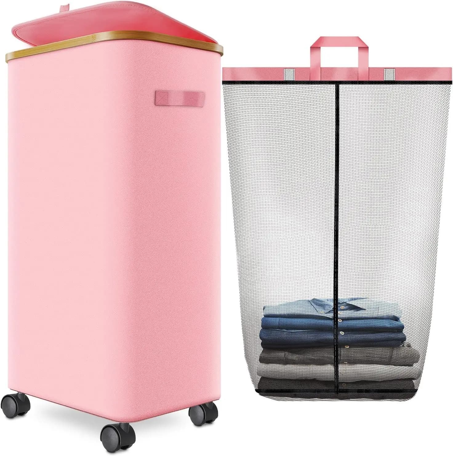 Laundry Hamper with Wheels,with Bamboo Frame and Bag for Bedroom, Dorm, Laundry Room