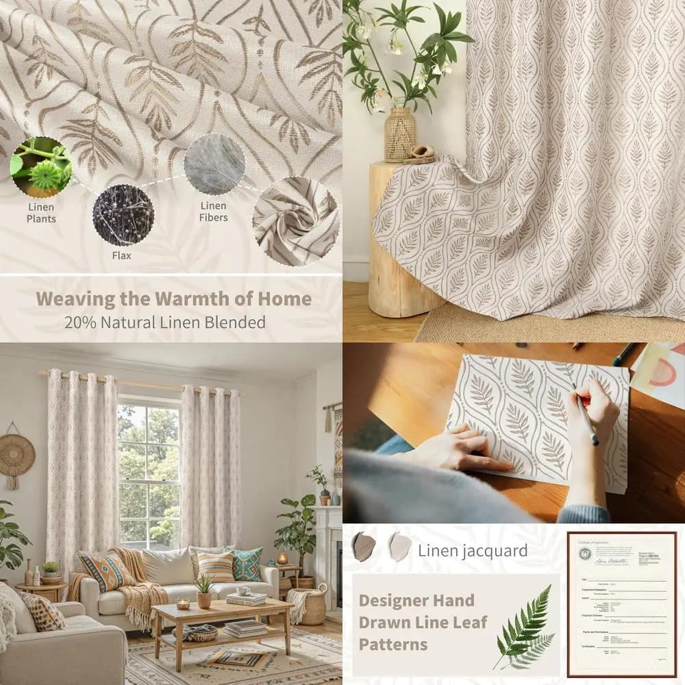 French country style semi-transparent linen curtains with leaves pattern for living room, 2 panels, 52x90