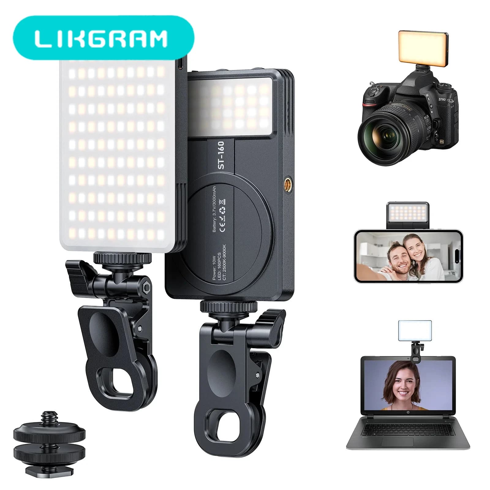 Luce di Riempimento Magnetica per Telefono con Doppio Pannello LED 120+40, Anello Staccabile USB-C 2H, Ausilio per Fotocamera per Vlog e Live Stream, 2500K-9000K, Alto CRI ST160