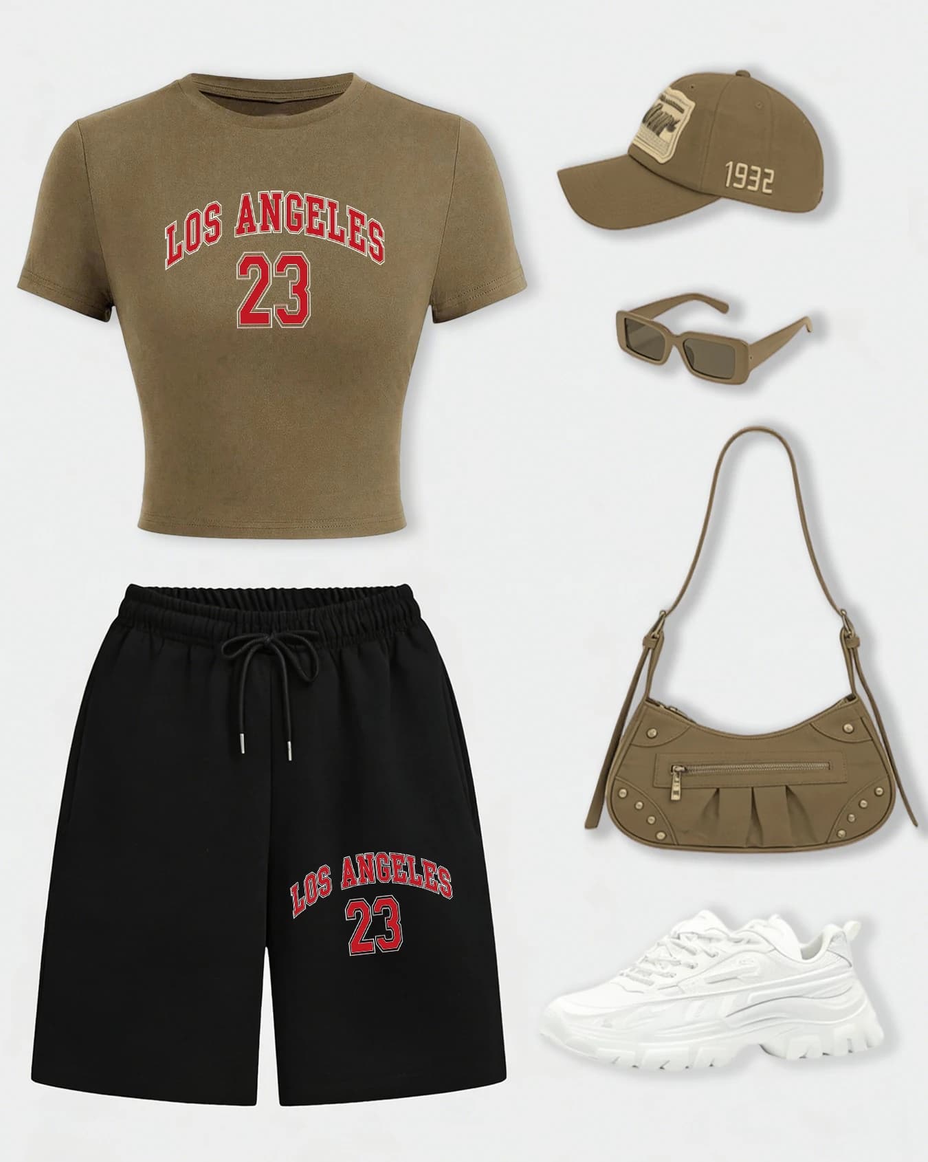 Set T-Shirt with Creative Print 'Los Angeles 24' for Women, Summer Short T-Shirt in Cotton and Wide Shorts with Coulisse and Pockets