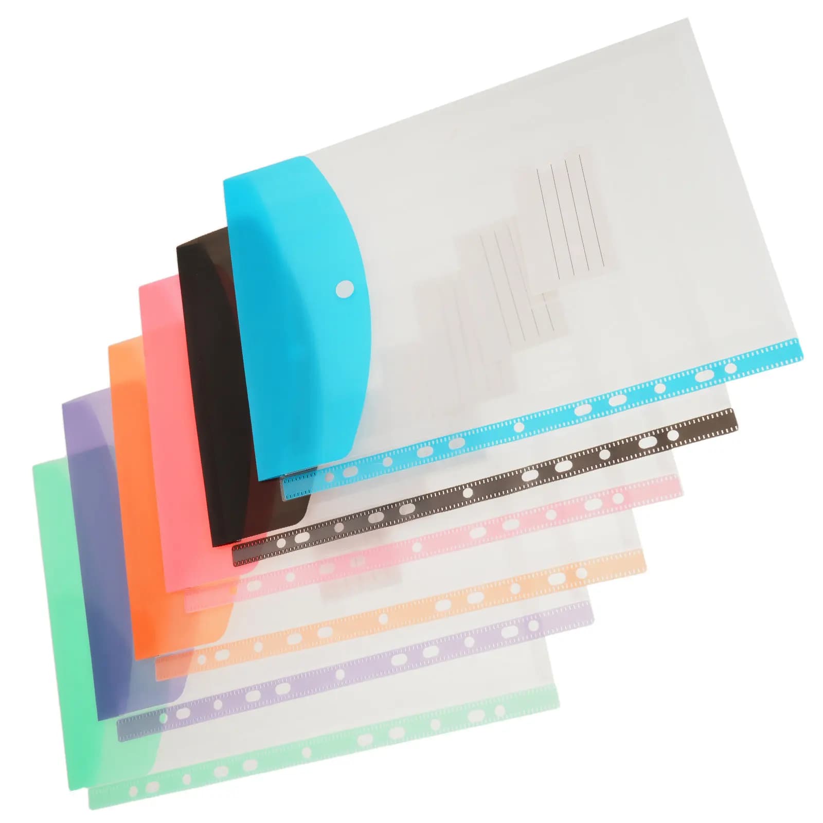Set di 6 Cartelle Espandibili in Plastica A4 con 11 Fori e Bottone a Pressione, Tasche e Etichette Impermeabili
