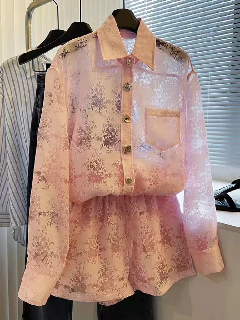 Set due pezzi con protezione solare, primavera estate, camicette da donna, cardigan, top + pantaloncini, set rosa