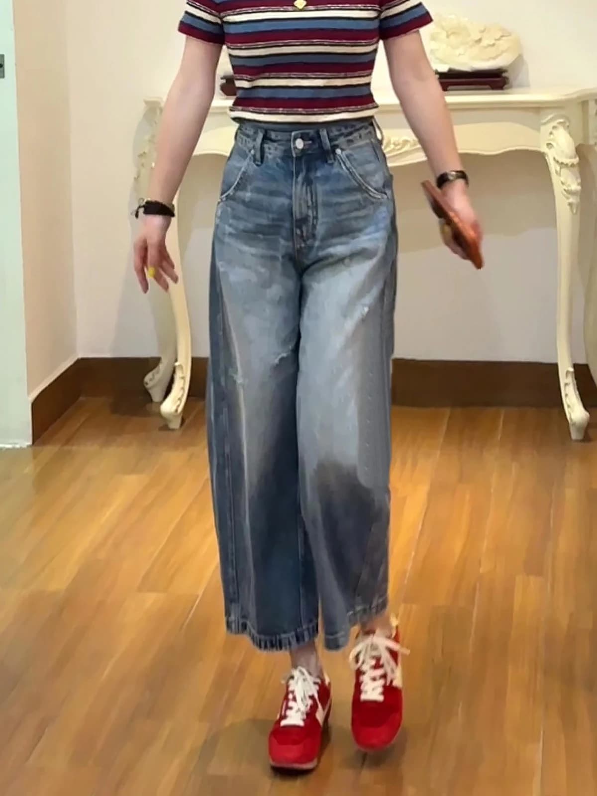 Blue High Waist Wide Leg Straight Cut Jeans Women's Summer New Loose Slimming Nine-Piece Denim Pants Casual Style Hole Design