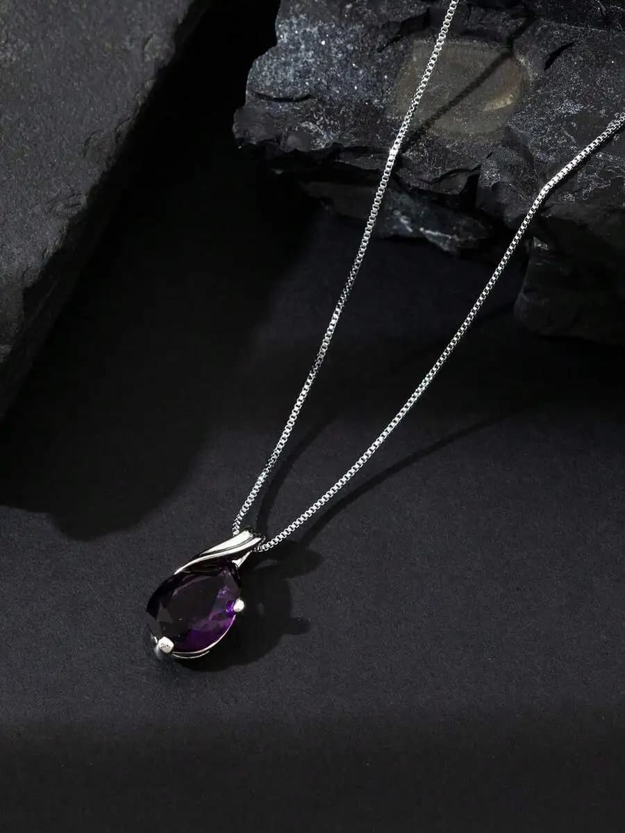 Elegant Luxury Purple Crystal Water Drop Pendant Necklace For Women, Bridal Engagement Wedding Anniversary Gift