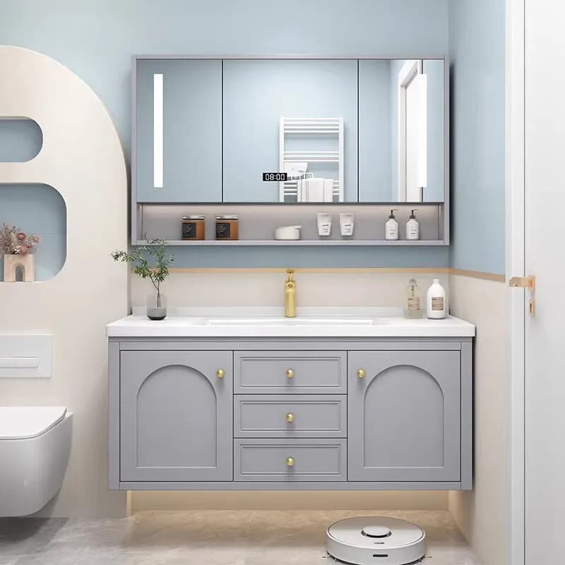 Mobile da bagno leggero francese color crema vento Lavabo in rovere Feng Shui Mobiletto pieghevole con specchio combinato Lavabo integrato in ceramica
