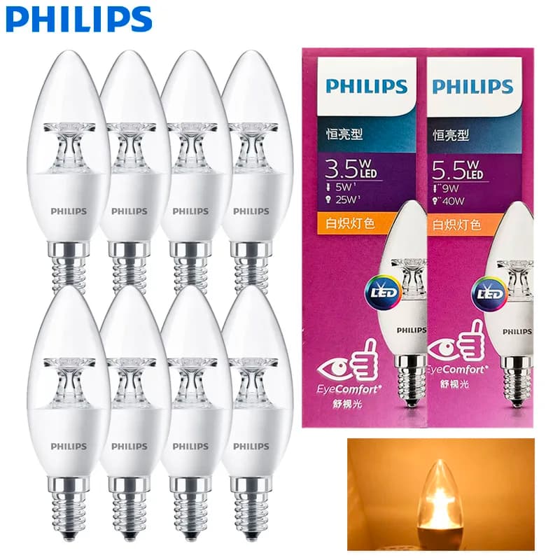 Philips 8pcs LED Candle B35 E14 Bulb MyCare 3.5W 5.5W 2700K Warm Color Comfort Light AC 220V-240V Original LED Room Clear Lamp