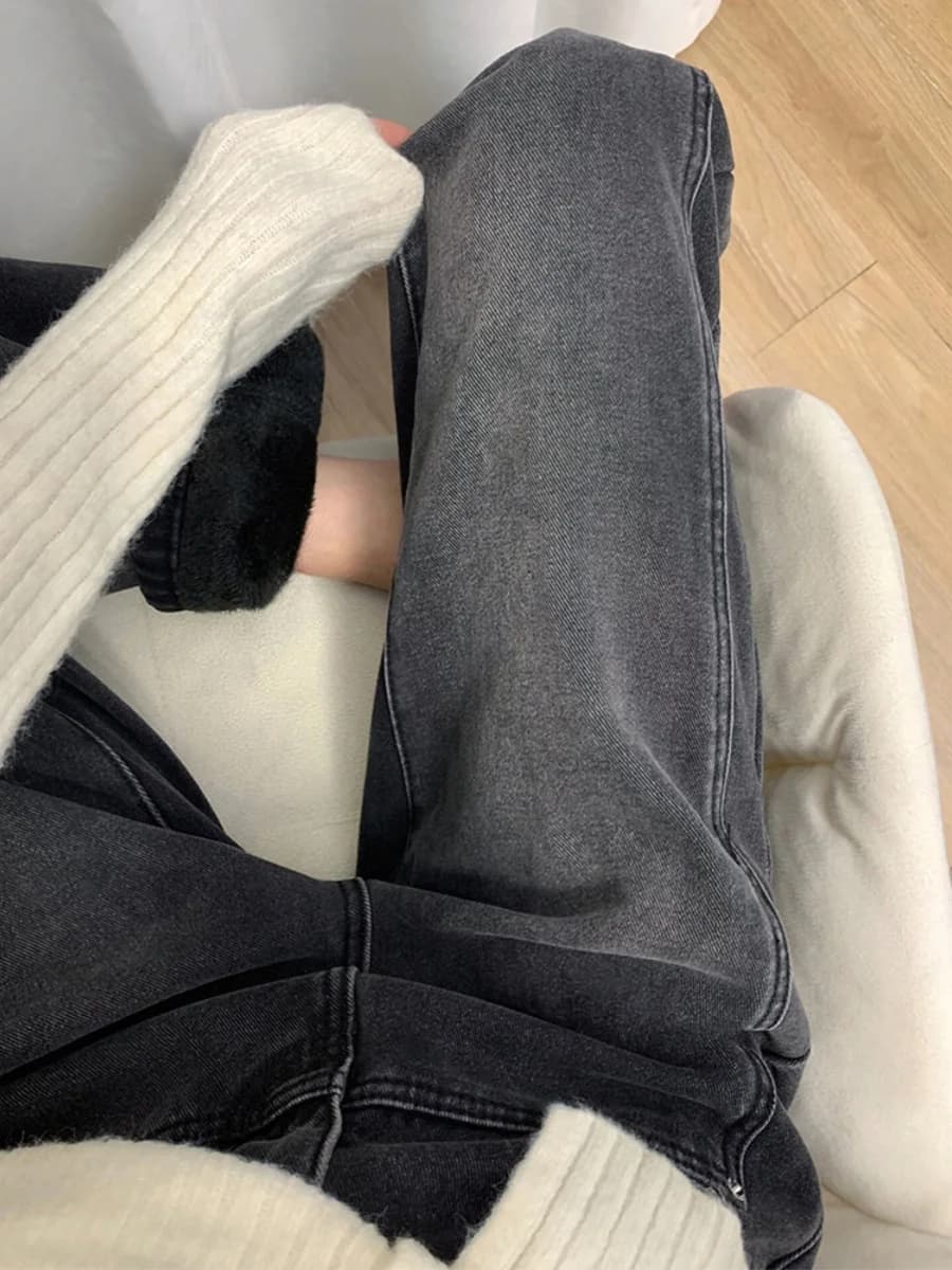 Fleece Lined Straight Leg Jeans Women's Spring Autumn plus Size Loose Hiding Hip Slimming Wide Leg Pants High Waist