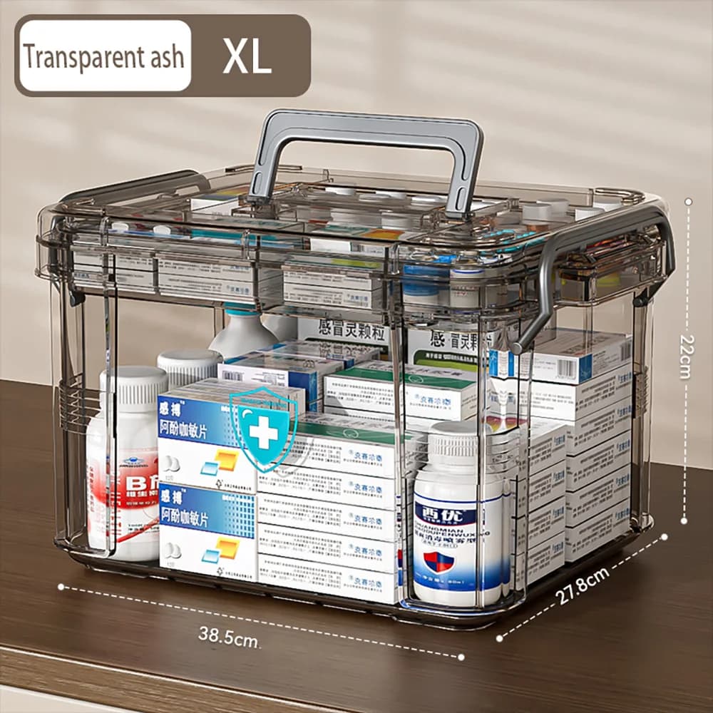 Kit di pronto soccorso, scatola porta medicinali, contenitore in plastica per la casa con maniglia, trasparente