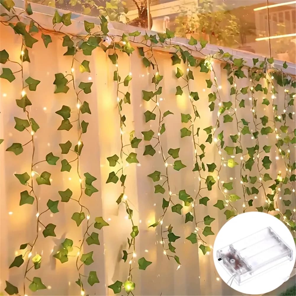 Luci a stringa con foglie verdi da 2/5/10 m, luci fatate artificiali a batteria, ghirlanda luminosa per decorazioni nuziali e domestiche