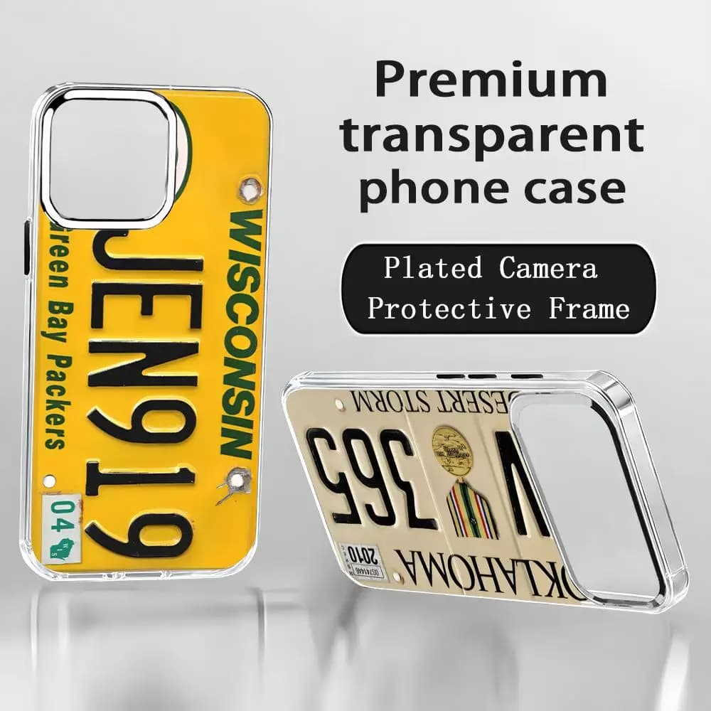 Funny License Plate Hot Phone Case For iPhone17 air 16 15 14 13 12 11 Pro Max Plus Chrome Button Camera Ring Transparent