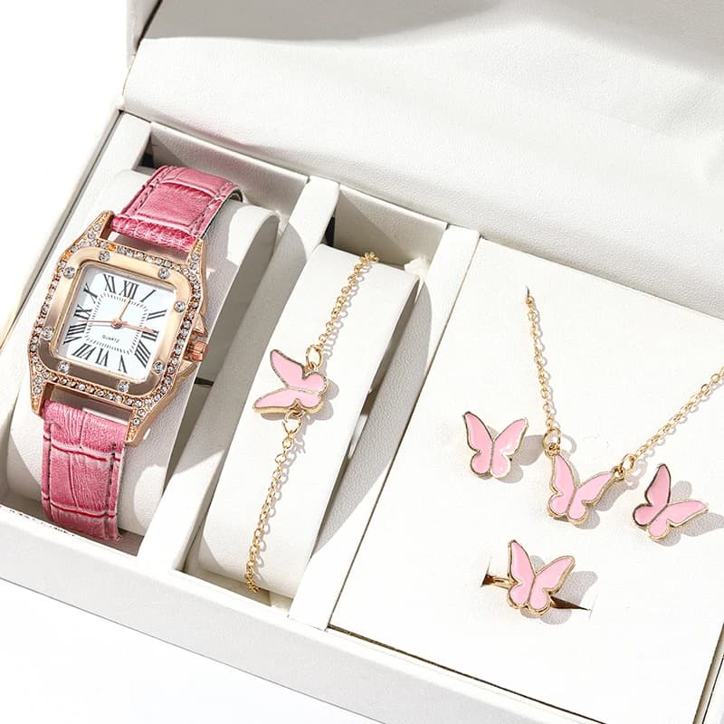 6pcs women's watch pink leather strap women's watch fashion casual quartz wrist watch design butterfly ring bracelet