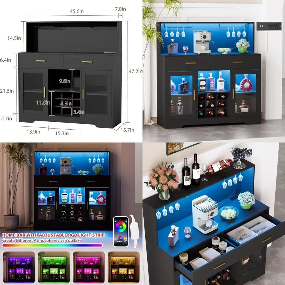 Mobile Bar Illuminato con Portabicchieri e Presa di Corrente Integrata per Conservazione Liquori Domestici