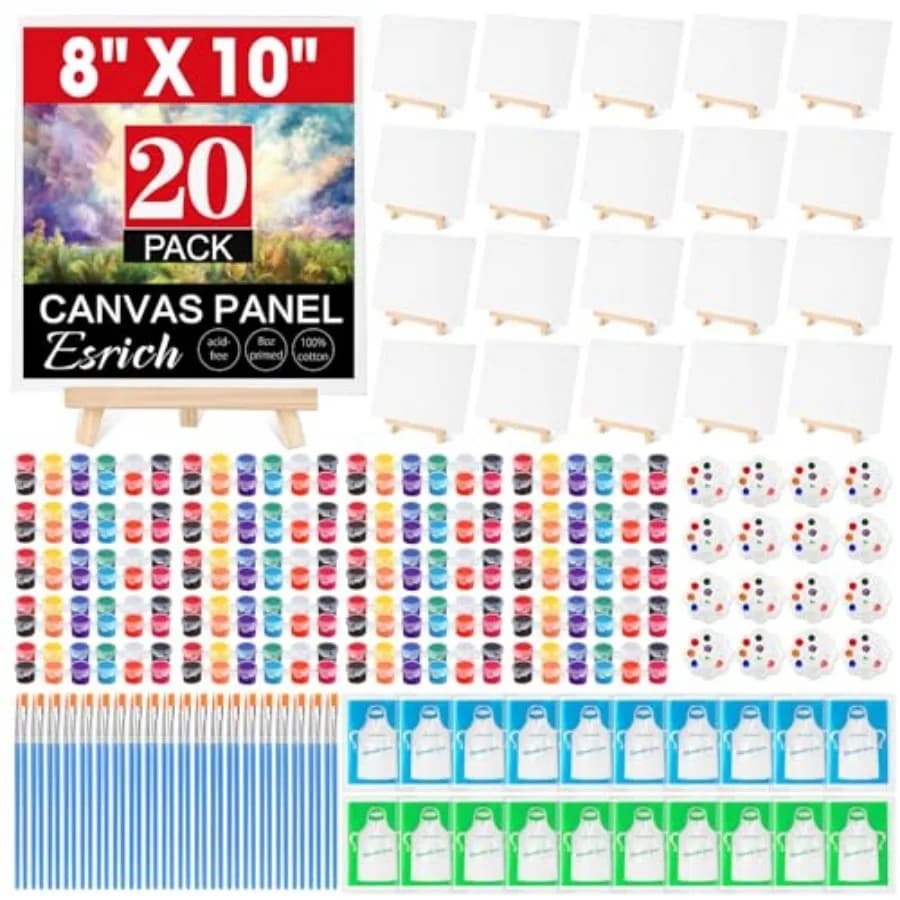 Pack 8x10 Canvas and Easel Set, Mini Acrylic Paint, Paint Brushes, Palettes, Aprons, Sip and Paint Kits for Adults Couples Frie
