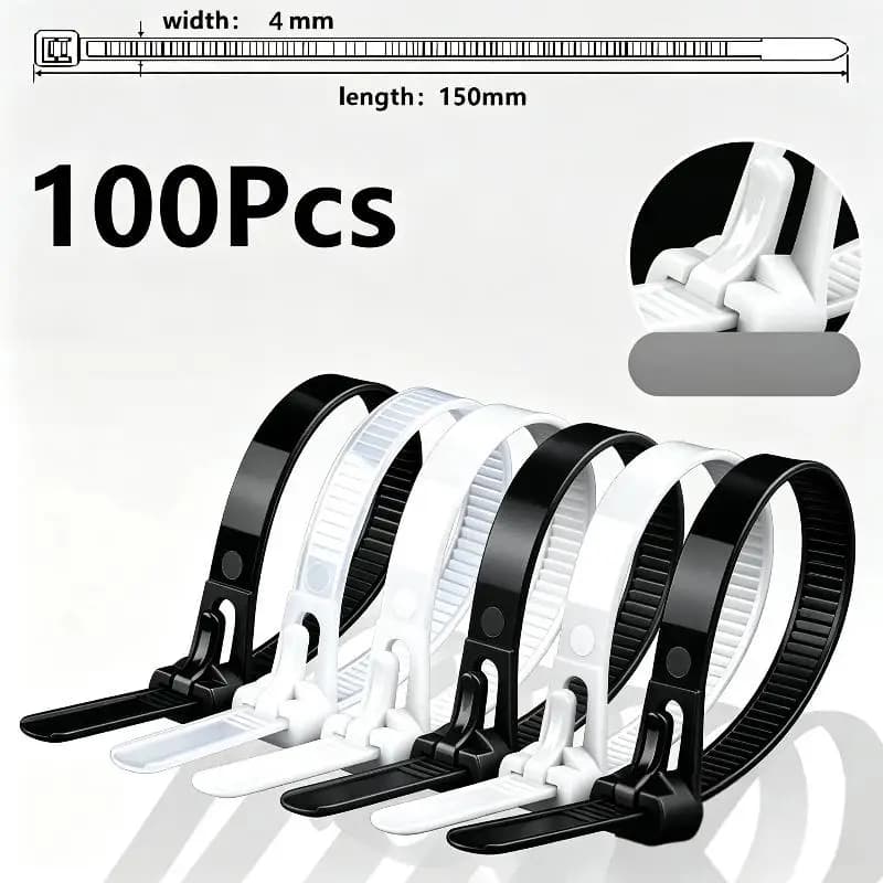 100 Pcs Reusable Nylon Zip Ties Removable Buckle Design Recyclable Black White Cable Lock Loop Straps For Cable Organizing