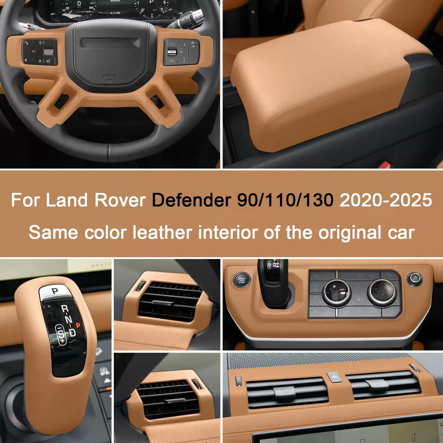 Car Color Leather Overlays on Steering Wheel, Armrest, Gears, Shift Panel Cover for Land Rover Defender 110/130/90 2020-2025