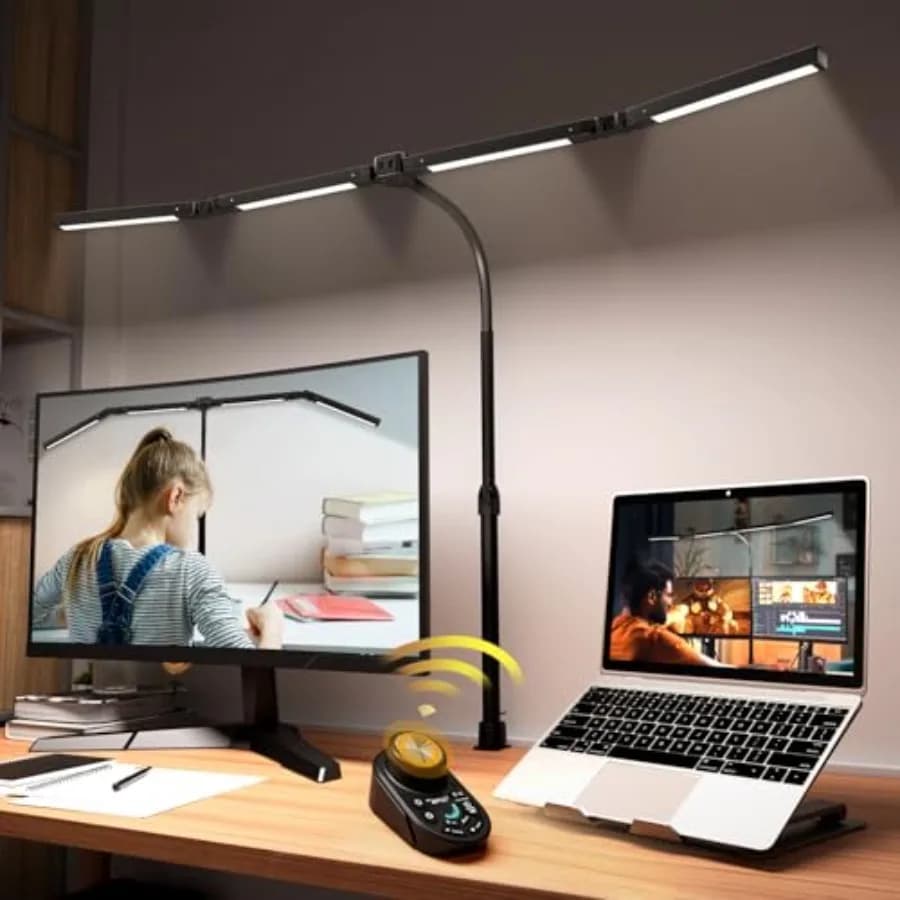 Lampada da Scrivania LED Regolabile con Morsetto, 4 Teste, Protezione Occhi, CRI95+, Dimmerabile e con Controllo Remoto della Temperatura Colore, Flessibile